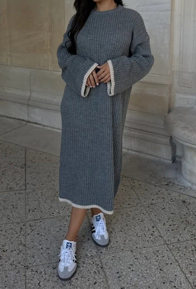 Robe pull longue en maille gris