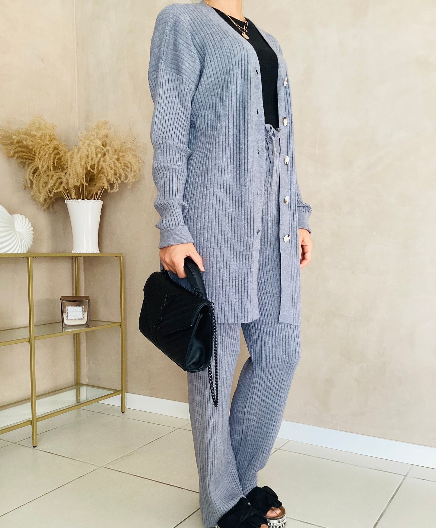 Ensemble gilet et pantalon en maille gris