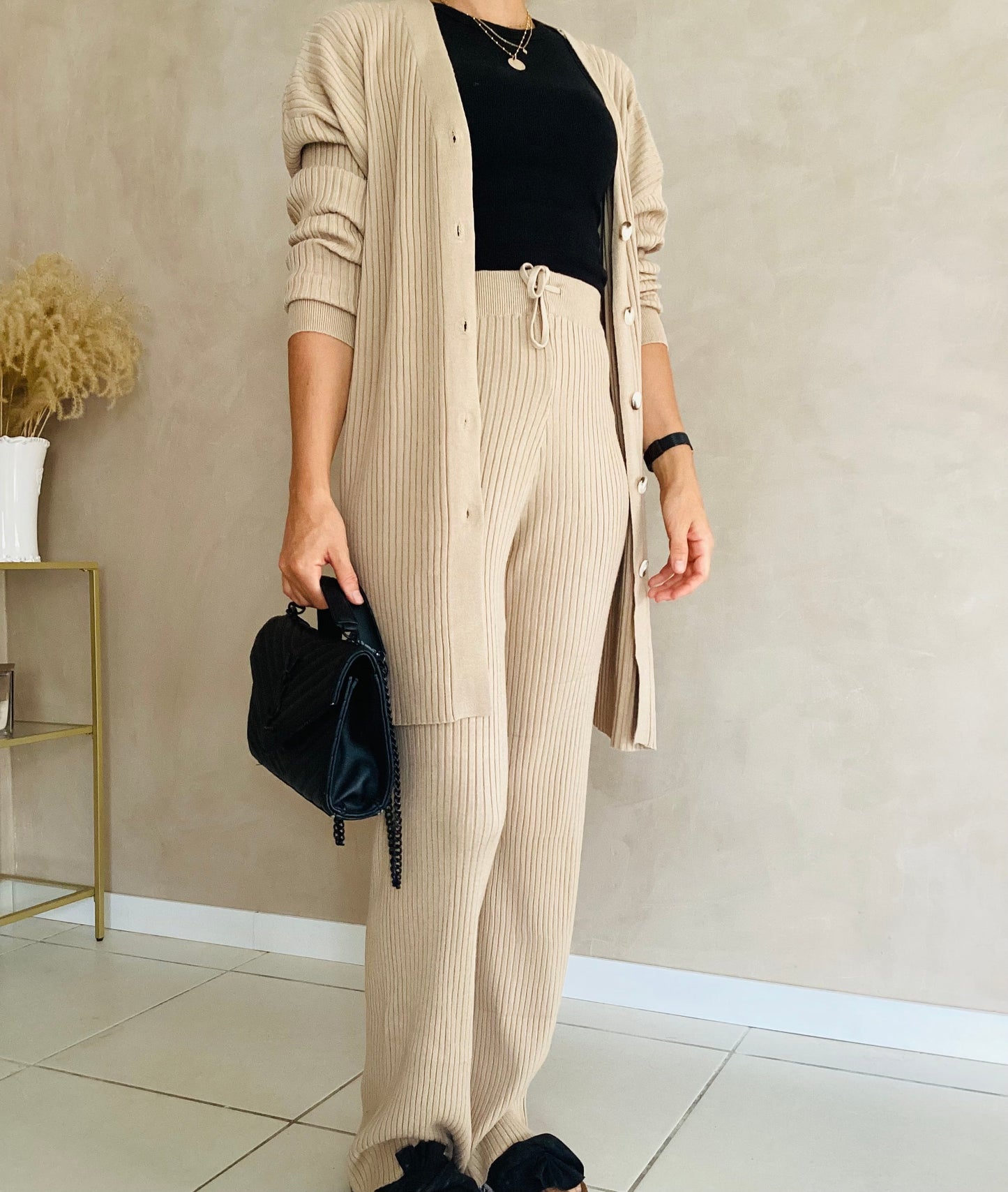 Ensemble gilet et pantalon en maille beige