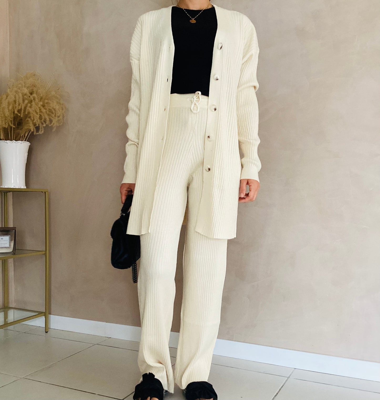 Ensemble gilet et pantalon en maille creme